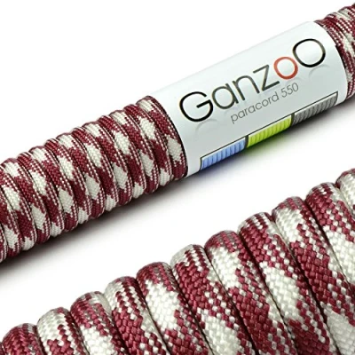 Abbildung von Ganzoo Paracord 550 Seil, Nylon Polyester, 4mm, Typ 3, 30 Meter, 7 Kernstränge, Outdoor Schnur, Allzweck Hundehalsband, Hundeleine, Armband knüpfen, Camping, Survival rot weiß