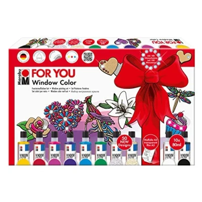 Abbildung von Marabu 0406000000116 Window Color fun &amp; fancy, For You, Transparentfarbe auf Wasserbasis, wieder abziehbar von glatten Oberflächen, 10 x 80 ml Farbe, Schmucksteine, 2 Malvorlagen A3 und Folie