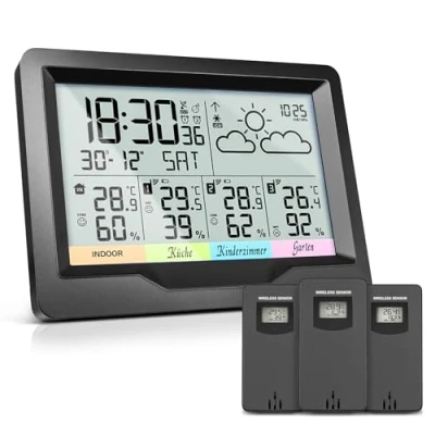 Abbildung von OULE GmbH wetterstation funk mit 3 außensensor, thermometer innen außen,Hygrometer DIY Label,wetterstationen und außentemperatur wettervorhersage,DCF Funkuhr