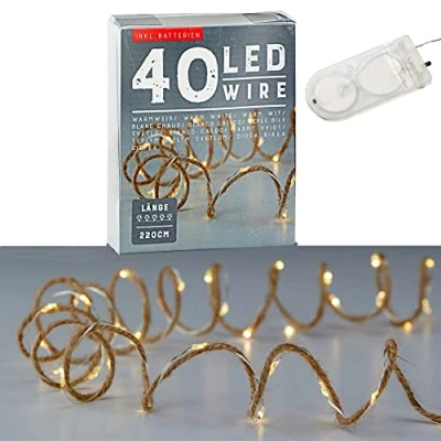 Abbildung von LED Lichterkette Mikro Draht auf Juteschnur warmweiß L 240 cm mit 40 LEDs Weihnachtsbeleuchtung Leuchtdraht Dekolichterkette Batteriebetrieb (1 x Juteschnur)