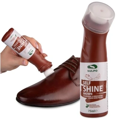 Abbildung von SULPO Express Schuhcreme Braun Schuhglanzpolitur Lederpflege Schupolitur mit Schwamm Applikator Schuhputzmittel Self Shine Liquid Shoe Cream 75ml halb deckend