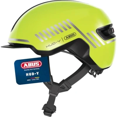 Abbildung von ABUS Urban Helm HUD Y mit magnetischem, aufladbarem LED Rücklicht &amp; Magnetverschluss cooler Fahrradhelm für den Alltag Damen und Herren Gelb Glänzend, Größe L