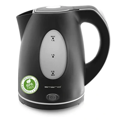 Abbildung von Emerio Wasserkocher 1,3 Liter für Reise/Camping/Büro mit 2200 Watt, BPA frei, Abschaltautomatik Trockenschutz, 360 Basis, inkl. Kalkfilter, Schwarz, WK 106468.14