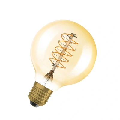 Abbildung von OSRAM Vintage 1906 LED Lampe mit Gold Tönung, 4,8W, 420lm, Kugel Form 80mm Durchmesser &amp; E27 Sockel, warmweiße Lichtfarbe, spiralförmiges Filament, dimmbar, bis zu 15.000 Stunden Lebensdauer