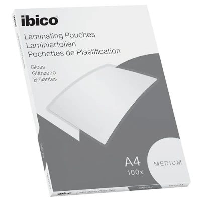 Abbildung von Ibico Basics Laminierfolien A4 Medium, 100 Stück, Glänzende Heißlaminierfolien, abgerundete Ecken, Transparent, Kristallklar, Ideal für Schule oder Büro, 627309