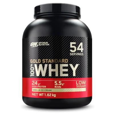 Abbildung von ON Gold Standard 100% Molkenproteinpulver für Muskelaufbau und regeneration mit natürlich vorkommendem Glutamin BCAA Aminosäuren, Vanilla Ice Cream, 54 Portionen, 1,62 kg