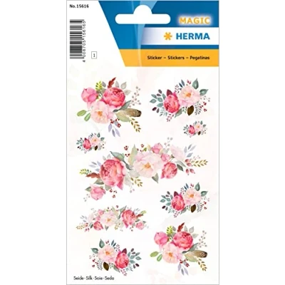Abbildung von HERMA 15616 Aufkleber Pfingstrosen klein groß, 9 Stück, Blumen Sticker aus Seide Stoff mit rosa pink Rosen Pflanzen Motiv, Kinder Etiketten für Fotoalbum Tagebuch Poesiealbum Scrapbooking Deko Briefe