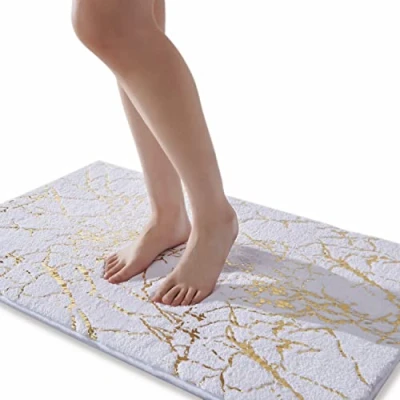 Abbildung von QJHOMO Badematte rutschfest waschbar Badvorleger, Weiss Badezimmerteppich, Gold dekorativer Teppich Luxus Bad Accessoires, weich Mikrofaser saugstark Badteppich für Badezimmer Badewanne, 60 x 90 cm