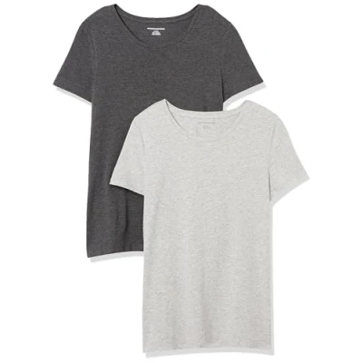 Abbildung von Amazon Essentials Damen Kurzärmeliges T Shirt mit Rundhalsausschnitt, Klassischer Schnitt, 2er Pack, Dunkelgrau Meliert/Hellgrau Meliert, S