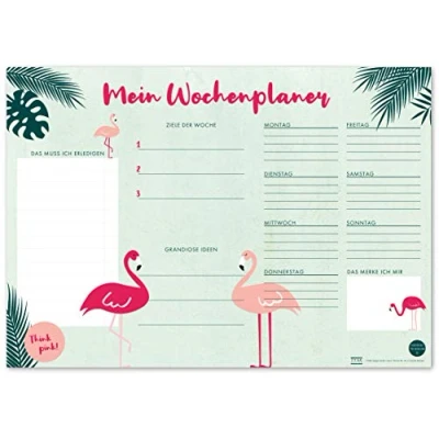 Abbildung von TYSK Design Schreibtischunterlage Flamingo grün (Design wählbar) Tischunterlage aus Papier zum Abreißen DIN A3 To Do Liste Notizblock Wochenplaner