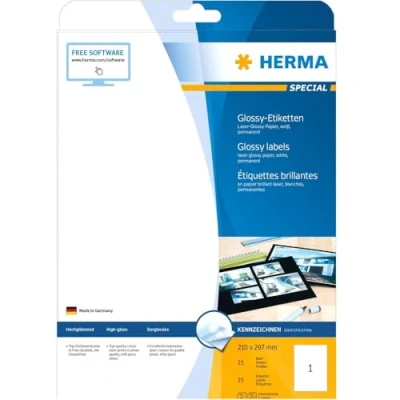 Abbildung von HERMA 4909 Hochglanz Etiketten, 25 Blatt, 210 x 297 mm, 1 pro A4 Bogen, Stück, selbstklebend, bedruckbar, glänzend, blanko Glossy Papier Klebeetiketten Aufkleber, weiß
