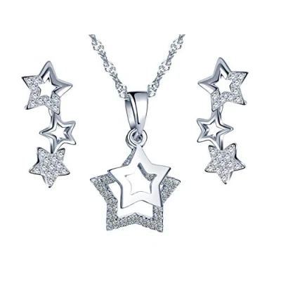 Abbildung von Yumilok Damen Ohrstecker Halskette Kette mit Pentagram Stern Sternchen Mond Anhänger Zirkonia Ohrringe Creolen Schmucksets Geschenk für Frauen Mädchen Silber