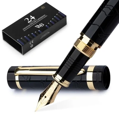Abbildung von Wordsworth &amp; Black Primori Füllfederhalter set [Schwarzgold]; Extrafeine Feder, Geschenketui, 24 Tintenpatronen, Nachfüllkonverter, Handbuch; Journaling, Kalligraphie, Stifte Für Glattes Schreiben