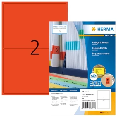 Abbildung von HERMA 4567 Farbige Etiketten rot, 100 Blatt, 199,6 x 143,5 mm, 2 pro A4 Bogen, 200 Stück, selbstklebend, bedruckbar, matt, blanko Papier Farbetiketten Aufkleber