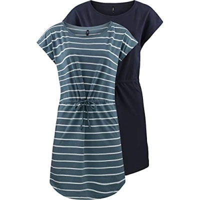 Abbildung von ONLY Damen Sommer Mini Kleid onlMAY S/S Dress 2er Pack Grösse XS S M L XL XXL Gestreift Schwarz 100% Baumwolle, Größe:XL, Farbe:Blue Mirage Primo Stripe