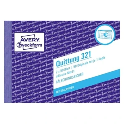 Abbildung von AVERY Zweckform 321 Quittungsblock (A6 quer, 2x50 Blatt, mit Durchschlag, fälschungssicher, inkl. MwSt., für Deutschland und Österreich) weiß