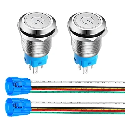 Abbildung von Gebildet 2 Stücke 16mm Edelstahl Latching Drucktastenschalter 3V 5V 6V 7.5V 9V/3A Power Symbol LED 1NO1NC SPDT ON Off Wasserdichter Kippschalter mit Steckdose Stecker (Weiß LED)