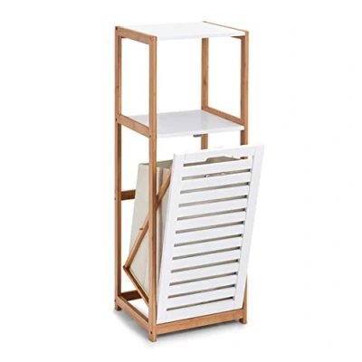 Abbildung von Zeller 18867 Standregal m. Wäschesammler, Bamboo/MDF, weiß, ca. 36 x 33 98 cm, Badezimmerschrank, Badezimmerregal, Wäschefach, Badregal mit Wäschesammler