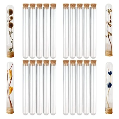 Abbildung von 20 Stück Reagenzgläser, Reagenzgläser mit Korken Reagenzgläsern Glas Ascheflaschen Transparent x 150 mm, Reagenzglasgefäße für Hochzeiten, Blumen, Badesalzbonbons, Labortisch, Hauptdekoration