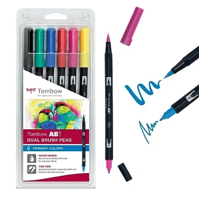Abbildung von Tombow ABT 6P 1 Fasermaler Dual Brush Pen mit Zwei Spitzen 6er Set, primärfarben, bunt