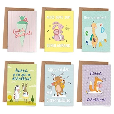 Abbildung von Papierdrachen 6 Grußkarten als Klappkarte inklusive Umschlag zur Einschulung Grüße für das Schulkind kindgerechte Glückwunschkarten zum Schulanfang Motiv Tiere