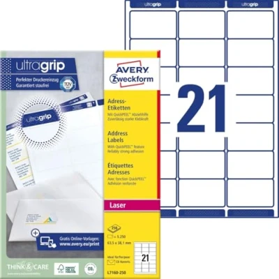 Abbildung von AVERY Zweckform L7160 250 Adressetiketten/Adressaufkleber (5.250 Etiketten mit ultragrip, 63,5x38,1mm auf A4, bedruckbar, selbstklebend, für DIN B6/C6 Briefkuverts, Papier matt) Blatt, weiß