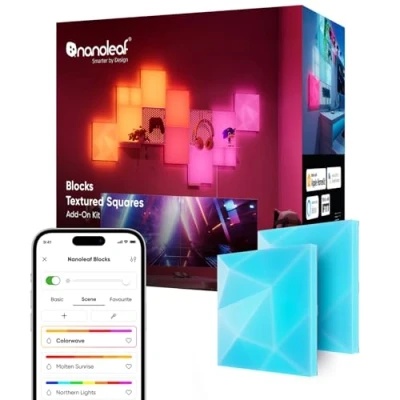 Abbildung von Nanoleaf Blocks Erweiterungspack 2 Texturierte Quadrate, 3D Oberfläche, RGBW farbwechselnde Wandlampen, diffus Stimmungslampe für gemütliche Atmosphäre (23,1 x 23,1 cm pro Stück)