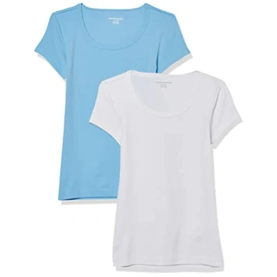 Abbildung von Amazon Essentials Damen T Shirt mit Flügelärmeln und U Ausschnitt in schmaler Passform, 2er Pack, Weiß/Hellblau, M