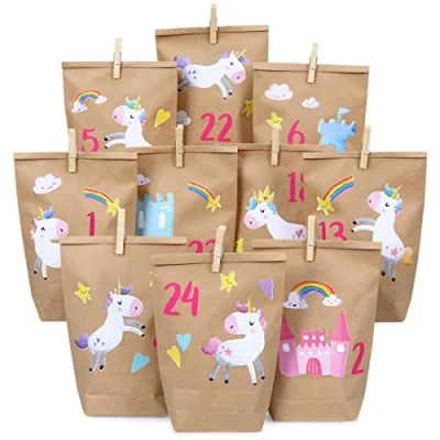 Abbildung von Papierdrachen DIY Adventskalender Kraftpapier Set Einhörner zum Aufkleben mit 24 braunen Papiertüten selbst Befüllen und Selbermachen Weihnachten