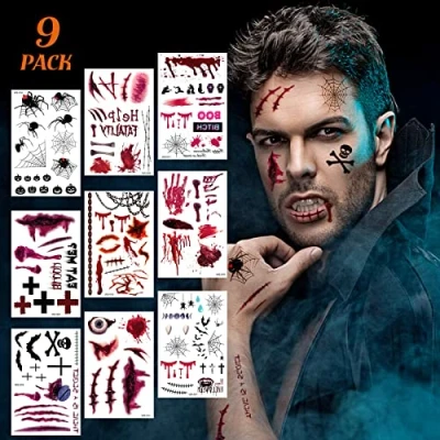 Abbildung von Tattoo Halloween,Narben Halloween,9 Blatt Realistisches Motive Verschiedenes Design,Premium Wasserdicht Temporäre Tattoos Aufkleber für Halloween Kostüm Makeup mit Gefälschten Schorf Blut