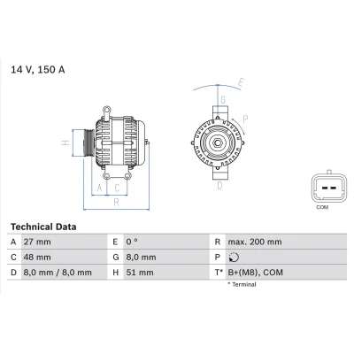 Abbildung von BOSCH 0 986 048 740 Lichtmaschine 14V 150A CITROËN: C5 3, C4 Picasso 1, II Hatchback, PEUGEOT: 207 5008 I, 308 SW 2, MINI: Hatchback