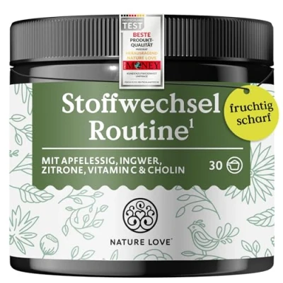 Abbildung von NATURE LOVE® Stoffwechsel Routine 150g Stoffwechseldrink mit Apfelessig, Ingwer Shot &amp; Zitrone Vitamin C Cholin vegan, ohne unnötige Zusätze in Deutschland produziert laborgeprüft
