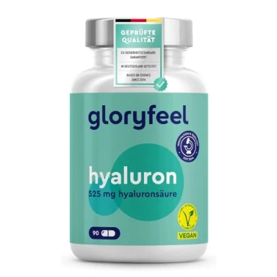 Abbildung von Hyaluron Kapseln Hochdosiert 525mg Hyaluronsäure pro Kapsel 500 700 kDa 90 vegane Laborgeprüft, ohne Zusätze in Deutschland hergestellt