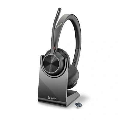 Abbildung von Schnurloses Poly Voyager 4320 UC Headset und Ladestation Stereo Kopfhörer mit Noise Cancelling Mikrofonarm Verbindung PC/Mac/Mobiltelefon über Bluetooth Kompatibel Teams, Zoom &amp; mehr