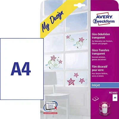 Abbildung von AVERY Zweckform MD3002 Glas und Fensterfolie (210x297 mm auf DIN A4, selbstklebend, bedruckbare Dekofolie für Glasflächen, Inkjet /Tintenstrahldrucker) 4 Transferfolien transparent