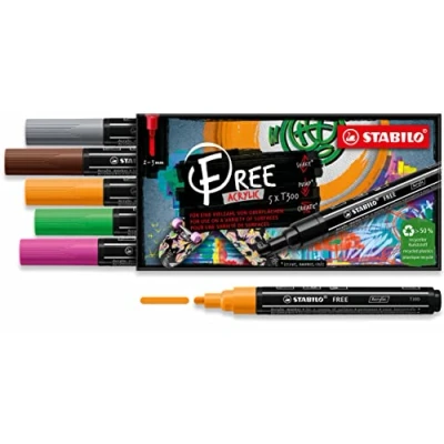 Abbildung von Acrylmarker STABILO FREE Acrylic T300 Rundspitze 2 3mm Vintage 5er Pack mit 5 verschiedenen Farben