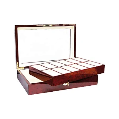 Abbildung von SAFE 260 Lackholz Uhrenaufbewahrungsbox Herren Damen aus Holz für 12 Uhren mahagonifarbend einzeln abnehmbare Fächer Verschließbar mit Klarsicht Deckel Format 360 x 238 76 mm