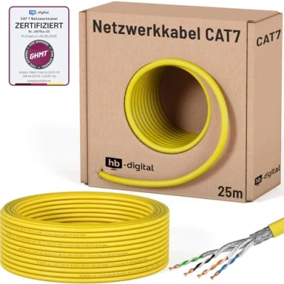 Abbildung von HB DIGITAL 25m CAT.7 Netzwerkkabel LAN Kabel Verlegekabel AWG 23 Reines Kupfer S/FTP PiMF LSZH Halogenfrei RoHS Compliant Ethernet Installationskabel Datenkabel PoE 10Gbit/s GHMT Zertifiziert Gelb