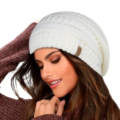 Abbildung von FURTALK Damen Beanie Mütze Warme Wintermütze mit Weichem Innenfutter Gefütterte Strickmütze,Weiß,Einheitsgröße