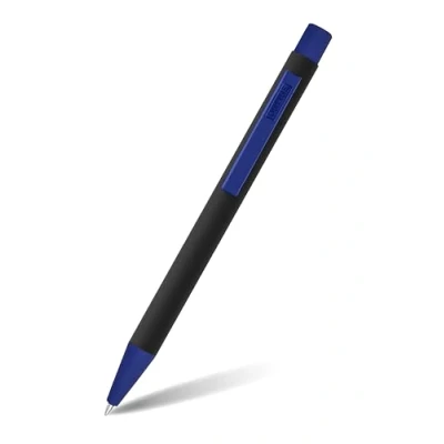 Abbildung von Online Kugelschreiber Soft Metal, Druckkugelschreiber aus Aluminium, auswechselbare Großraum Mine, Schreibfarbe schwarz, dokumentenecht, Black&#039;n Blue mit Softtouch Feeling, Metallclip Blau