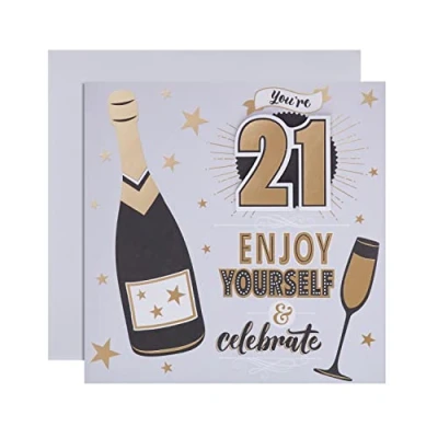 Abbildung von Hallmark Glückwunschkarte zum 21. Geburtstag modernes illustriertes Champagner und Text Design