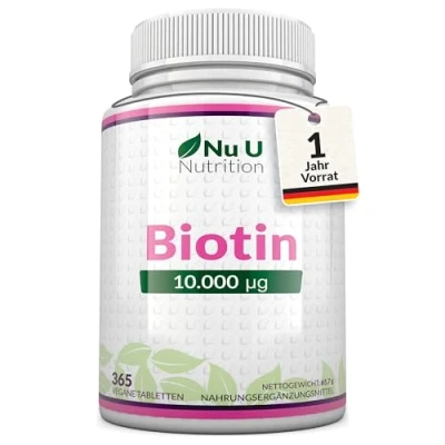 Abbildung von Biotin hochdosiert 10.000 mcg 365 Vegane Tabletten Für Haarwuchs, Haut &amp; Nägel Volle Jahresversorgung Nahrungsergänzungsmittel von Nu U Nutrition