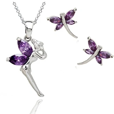 Abbildung von Crystalline Azuria Fee Tinkerbell Lila Violett Zirkonia Kristalle Schmuck Set Halskette Anhänger 45 cm Ohrstecker Ohrringe 18 kt Weiß Vergoldet