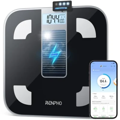 Abbildung von RENPHO Personenwaage ohne Batterie, Waage mit Körperfett und Muskelmasse, gut lesbarer LED Anzeige, personen App,180kg, Elis