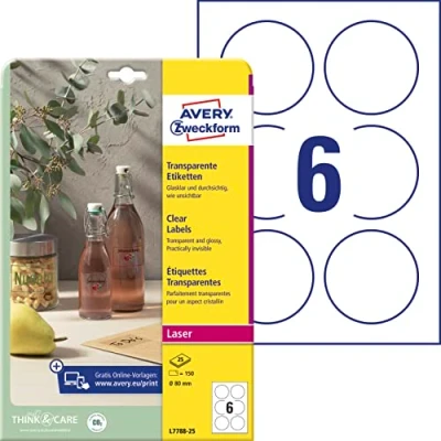 Abbildung von AVERY Zweckform L7788 25 transparente runde Etiketten (150 Klebepunkte, Ø80 mm auf A4, Aufkleber zum Bedrucken, selbstklebend, wetterfest, Beschriftungen/Produktaufkleber) Blatt, durchsichtig
