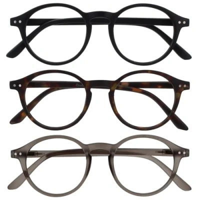 Abbildung von OPULIZE REY Lesebrille 3er Pack Runder Retro Rahmen Mattschwarz, Braunes Schildpatt, Grau Herren Damen Federscharniere RRR56 127 +2.50