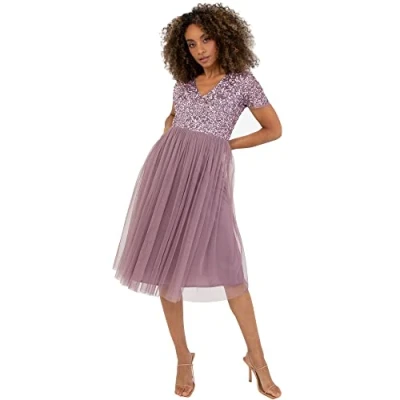 Abbildung von Maya Deluxe Damen Midi Kleid mit V Ausschnitt, Verziert Brautjungfernkleid, Moody Lilac, 42