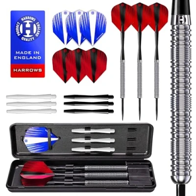 Abbildung von Harrows Caliber 90% Tungsten Steel Tip Darts Set I 21g bis 30g Alle Gewichte verfügbar Riesiges 16 teiliges Bundle mit Ersatzschäften, Prime Flights &amp; Reiseetui (Silber, 21 Gramm)