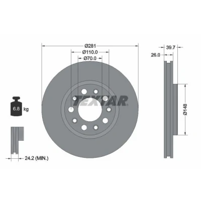 Abbildung von TEXTAR PRO 92230103 Bremsscheibe 281 26 05/10 110 innenbelüftet beschichtet ohne Radbefestigungsbolzen, Radnabe ALFA ROMEO: Giulietta Hatchback