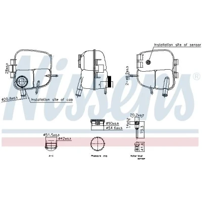 Abbildung von NISSENS 996303 Ausgleichsbehälter 1,1 mit Kappe, Sensor OPEL: Astra H Hatchback, GTC, Caravan